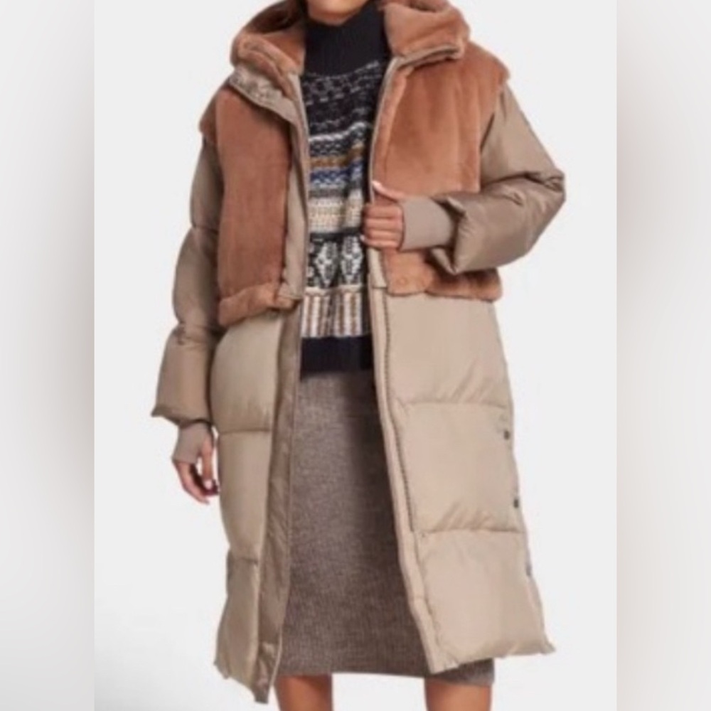 UGG Long Two-Tone Puffer Coat in Beige and Brown